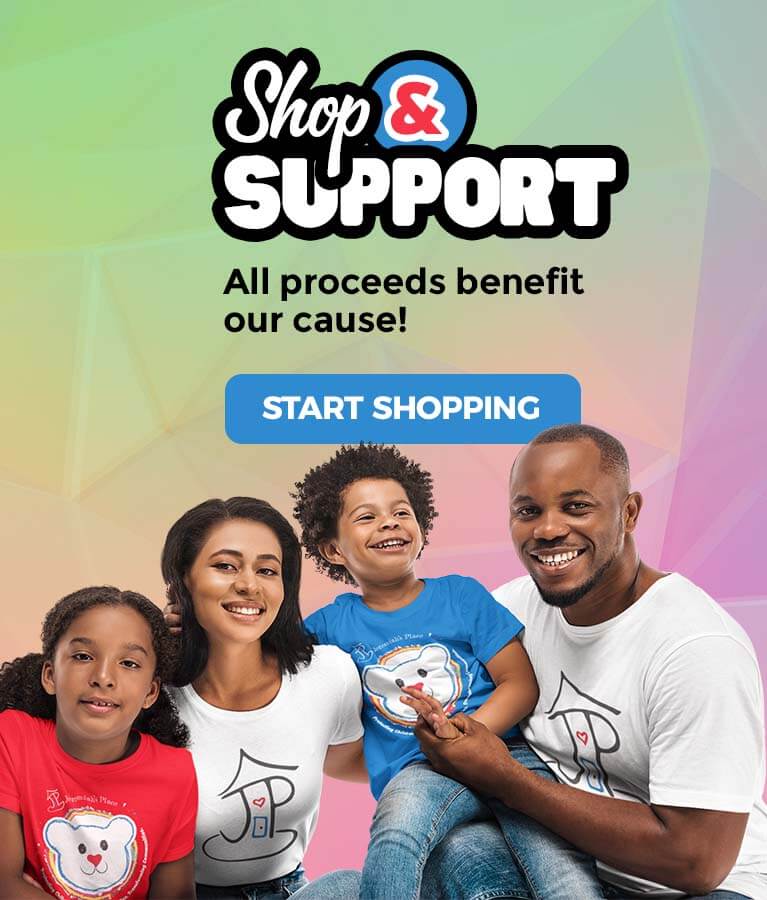 Shop and Support Jeremiah's Place - Pittsburgh's Only Crisis Nursery graphic with family wearing various Jeremiah's Place branded shirts and products